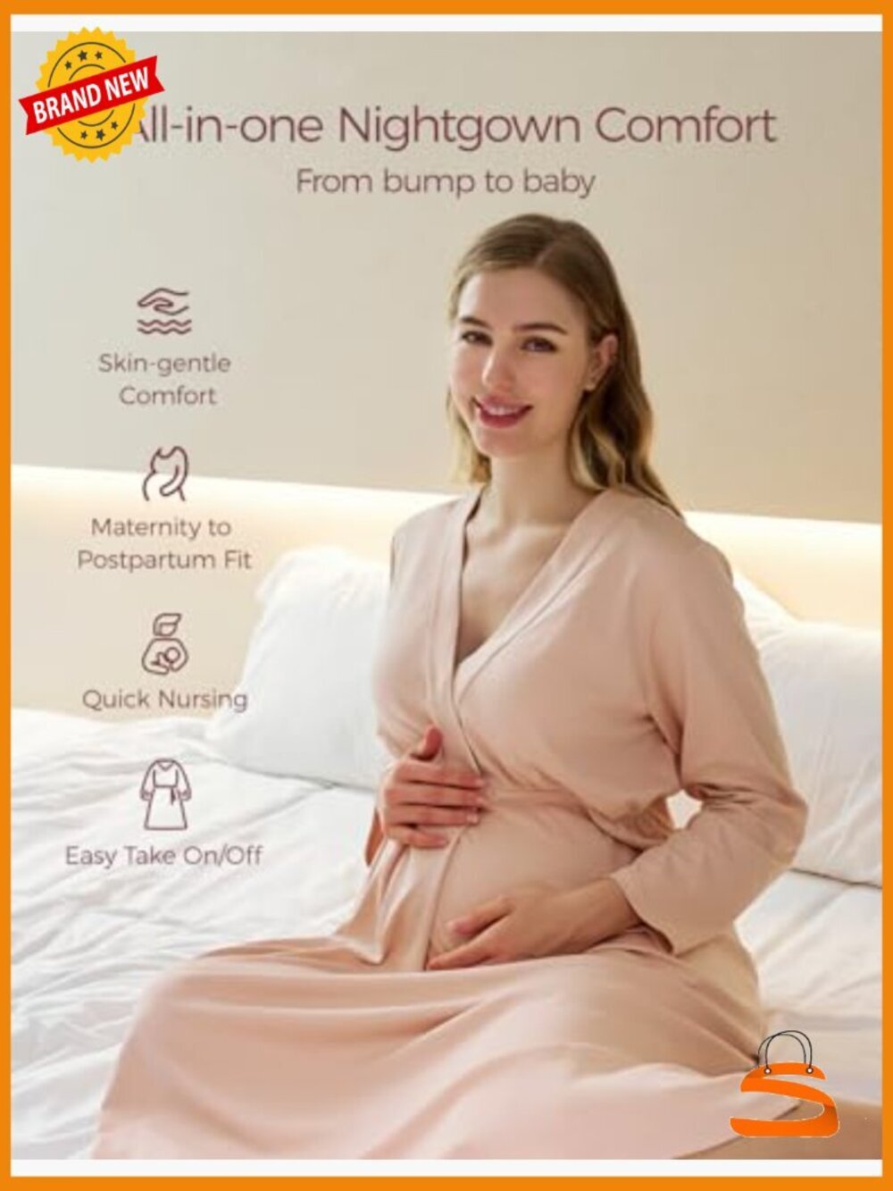 Nursing Maternity Nightgown Long Sleeve Breastfeeding Labor & Delivery View 2
